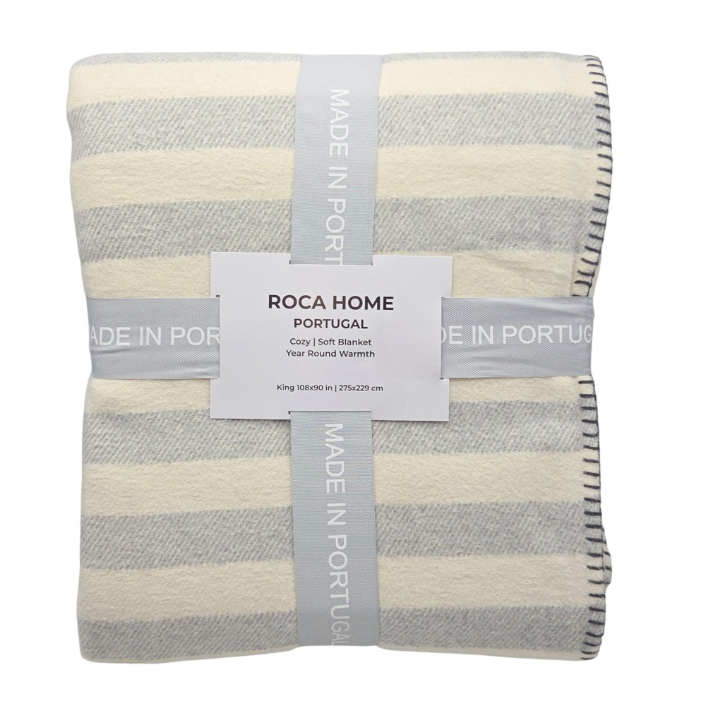 Roca Home King Blanket Gray Cream Striped Cotton Blend 108x90 Made In Portugal